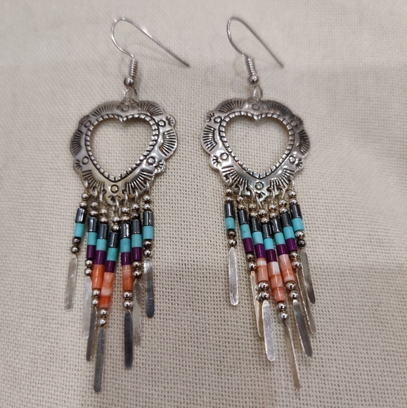Vintage Native American Navajo TK Emerson  Silver Dangling Heart Earrings - Picture 7 of 9